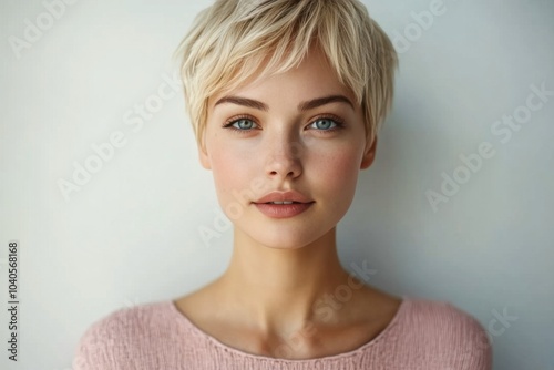 Young woman with short blonde hair wearing a light pink sweater posing agains...