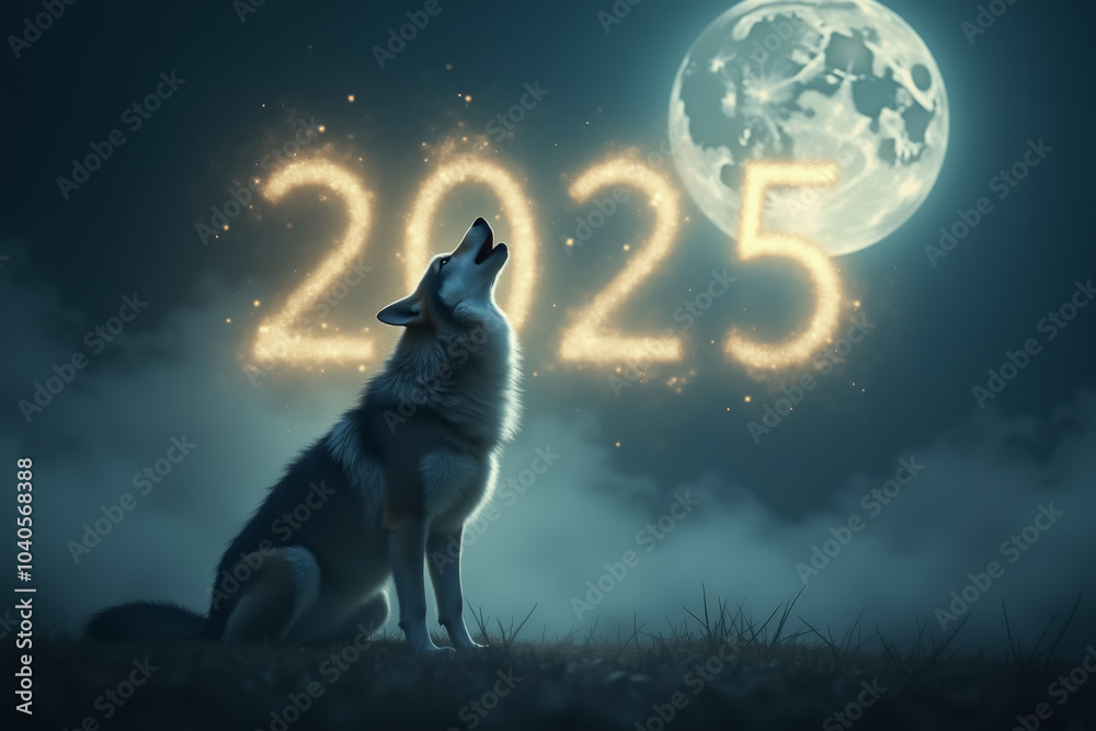 Wolf howling at full moon with 2025 sparkle in night sky Wolf howling at full moon with 2025 sparkle in night sky