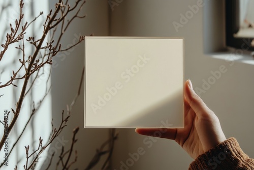 Hand holding a blank card against a textured white wall in indoor lighting