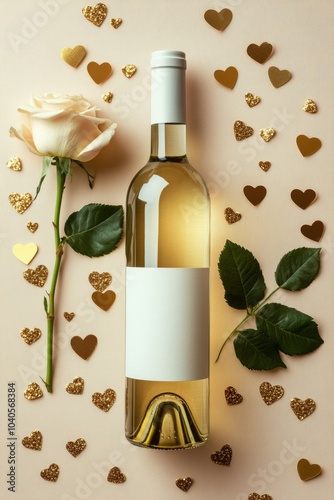 Bottle of white wine surrounded by roses and gold hearts arranged on a light ...