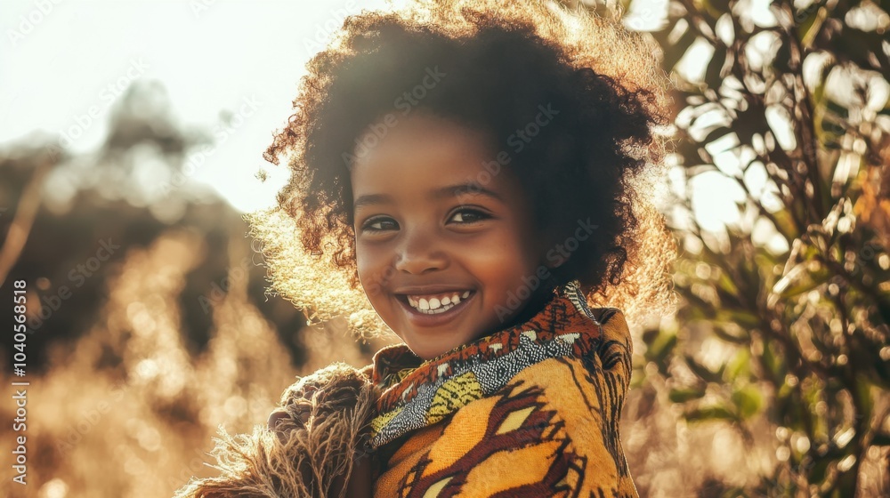 an African girl with traditional clothing and curly hair, looking joyfully at the camera while standing in a simple rural environment, with soft daylight filtering through nearby trees
