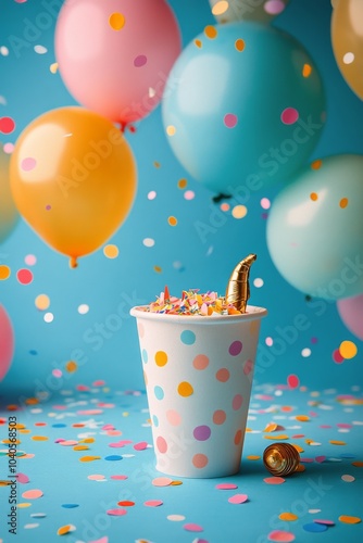 Celebratory dessert with colorful balloons and confetti at a cheerful party s...