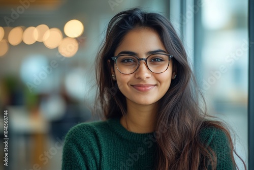 Young woman with glasses smiling warmly in a cozy caf during daylight