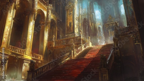 A Grand Staircase Leading Upwards in an Ornate Gilded Building