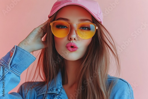 Young woman wearing a pink cap and sunglasses poses playfully against a pink ...