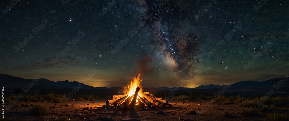 Fototapeta premium A vibrant campfire crackles and spits embers, casting a warm glow on the surrounding forest floor, against the breathtaking backdrop of a clear, galaxy-filled night sky, where millions of twinkling