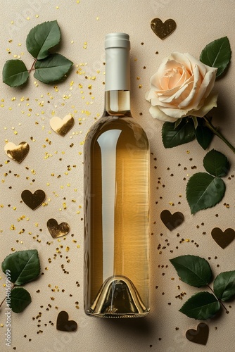 Bottle of white wine surrounded by roses and gold hearts arranged on a light ...