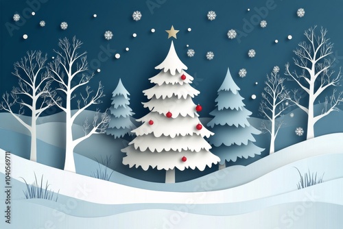 Winter wonderland featuring a snow covered landscape with a decorated tree an...