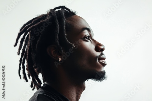 Profile of a young man with dreadlocks gazing upwards against a soft background