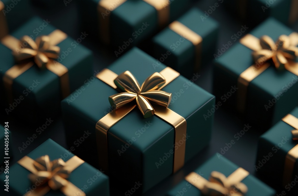 Luxurious green and gold gift boxes beautifully arranged in a 3D rendering, creating an elegant and festive atmosphere Luxurious green and gold gift boxes beautifully arranged in a 3D rendering, creating an elegant and festive atmosphere