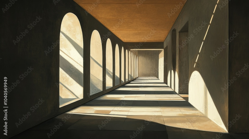 Fototapeta premium Sunlight Streaming Through Arched Windows in a Hallway
