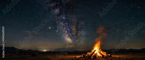 Wallpaper Mural A vibrant campfire crackles and spits embers, casting a warm glow on the surrounding forest floor, against the breathtaking backdrop of a clear, galaxy-filled night sky, where millions of twinkling Torontodigital.ca