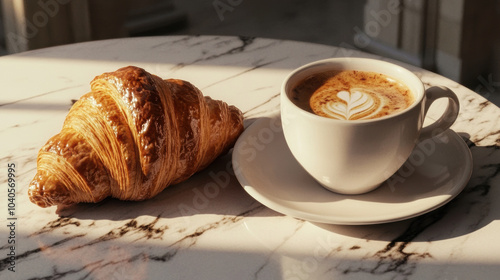 A croissant and a cup of coffee sit on a marble table