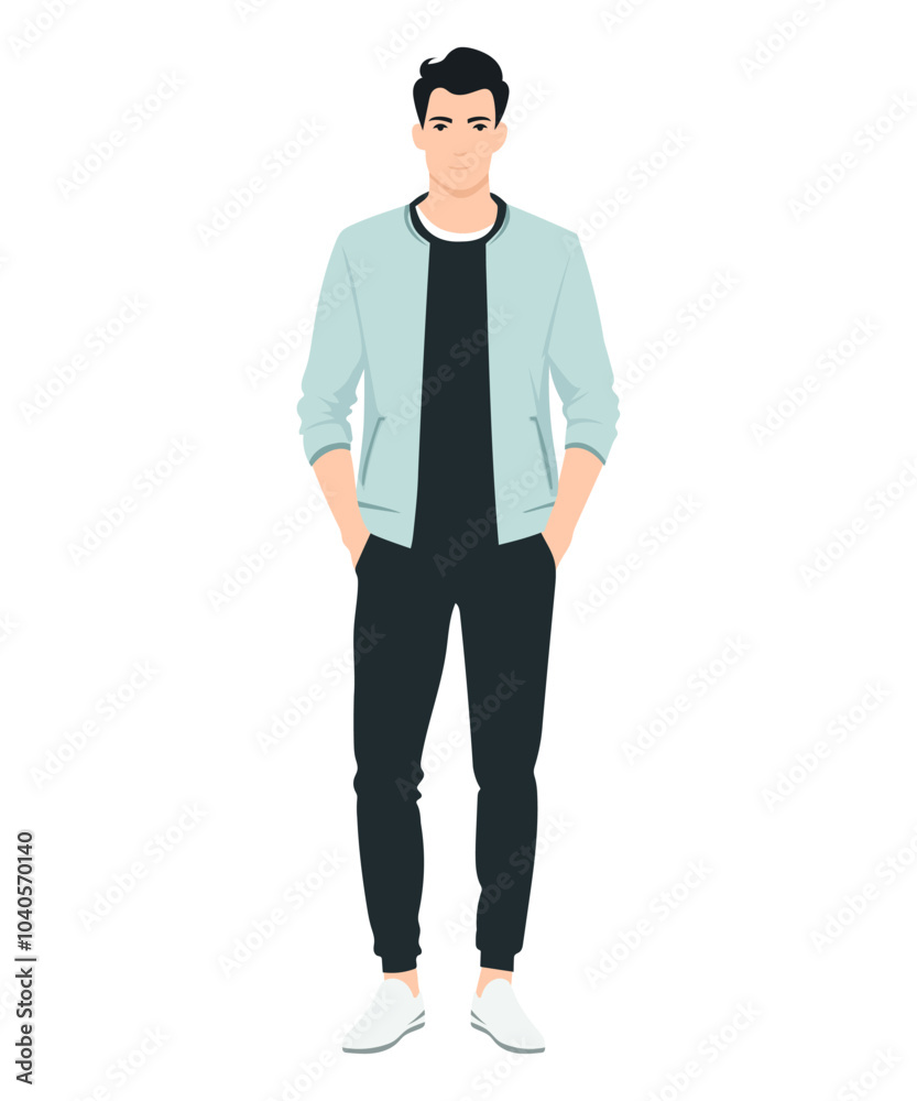 Vector illustration of a man in a blue jacket. Simple yet stylish combination suitable for everyday urban look. Vector illustration of a man in a blue jacket. Simple yet stylish combination suitable for everyday urban look.