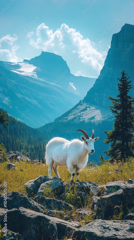 Fototapeta premium Mountain Goat Roaming Through Rocky Terrain at Glacier National Park Along Going-to-the-Sun Road. Generative AI