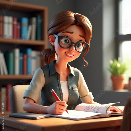 Cartoon student in glasses studying and writing notes in a cozy library setting, animated illustration of a focused learner, educational and knowledge-themed character design
