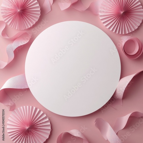 Decorative pink paper arrangement with ribbons and a blank center for celebra...