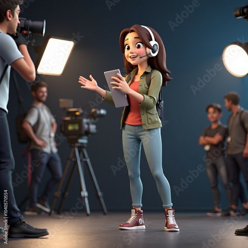 Cartoon-style director managing a film crew in a studio. The animated character is wearing a headset and holding a tablet, directing the team in a professional and creative environment.
