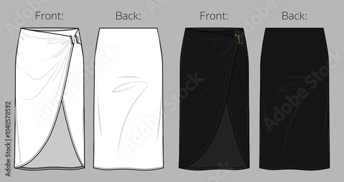 Vector midi skirt with gathering detail fashion CAD, woman jersey or woven fabric  wrap long skirt with front slit technical drawing, flat, sketch, template, mock up. Front back view, blackwhite color