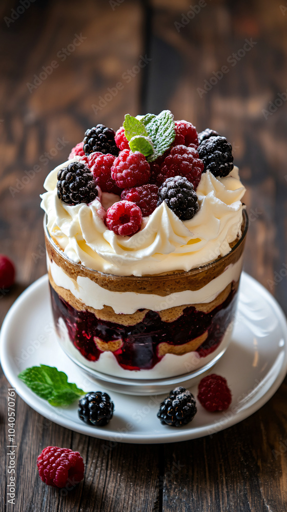 Delicious layered dessert is served in a glass with whipped cream, raspberries, and blackberries on top Delicious layered dessert is served in a glass with whipped cream, raspberries, and blackberries on top