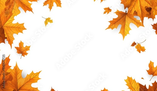 Autumn leaves on a white background with shadows falling to the ground.