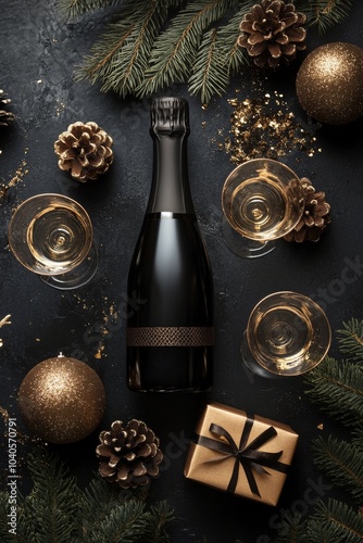 Luxurious champagne bottle sits at the center with elegant glasses surroundin...