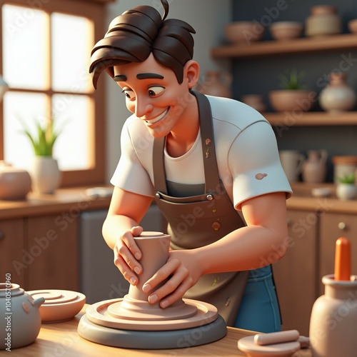 Smiling potter working on a clay vase in a cozy pottery studio. Ideal for art, pottery, and creative work concepts.
