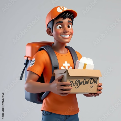 Smiling delivery person holding a box with a food delivery logo. Ideal for delivery service, logistics, and transportation concepts.
