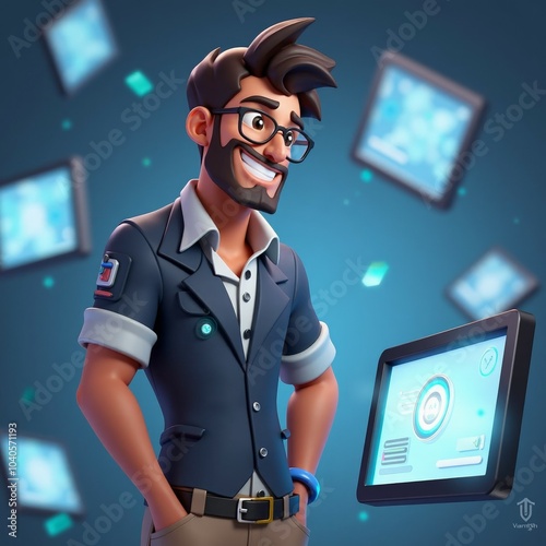 Confident IT professional standing with digital screens floating around. Technology expertise and modern innovation in a digital world. Cybersecurity and IT solutions concept.
