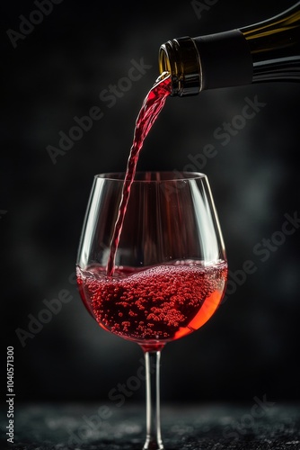 Pouring vibrant red wine into a glass against a textured black background dur...