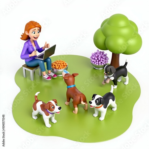 Woman working on a laptop surrounded by playful dogs in a park. Pet care, outdoor work, and companionship concept in a casual, friendly setting. Animals, nature, and remote work.
