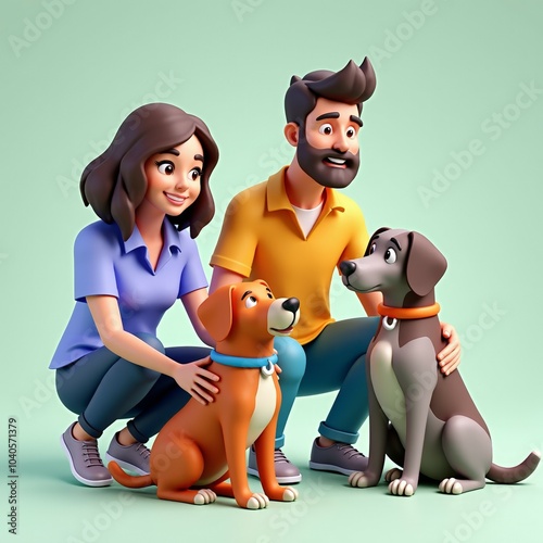 Family with two dogs, enjoying time together. Couple bonding with their pets, showing love and affection. Pet care, companionship, and happy family concept.
