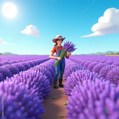 Farmer harvesting lavender in a vibrant field on a sunny day. Agricultural worker collecting flowers in a picturesque landscape. Nature, farming, and rural lifestyle concept.

