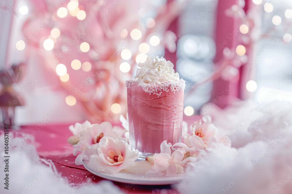 Berry protein milkshake on blurred cafe background. Banner template for advertising sports nutrition, menu, summer seasonal drinks and liquid desserts with space for text