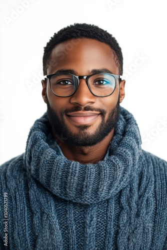 A smiling young man with glasses and a cozy sweater in a bright indoor setting