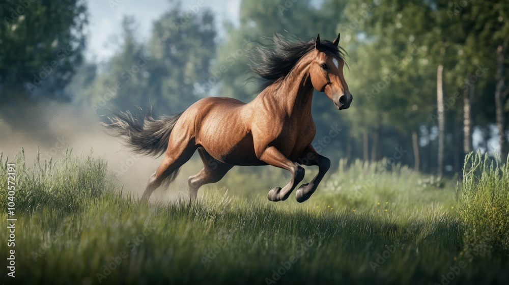 Fototapeta premium Chestnut Horse Running Through a Green Meadow