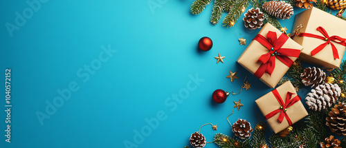Festive Christmas Gift Boxes with Pine Branches and Red Ornaments on Blue Background, Festive Christmas Gift Boxes with Pine Branches and Red Ornament