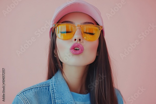 Young woman wearing a pink cap and sunglasses poses playfully against a pink ...