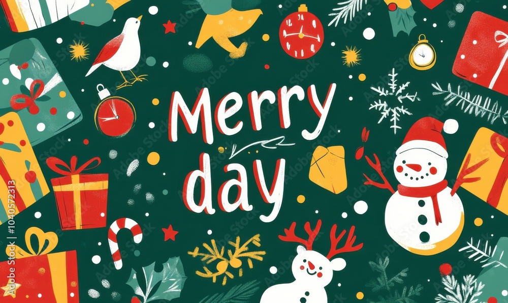 Festive Christmas card design featuring snowman, gifts, and holiday symbols in a whimsical style Festive Christmas card design featuring snowman, gifts, and holiday symbols in a whimsical style