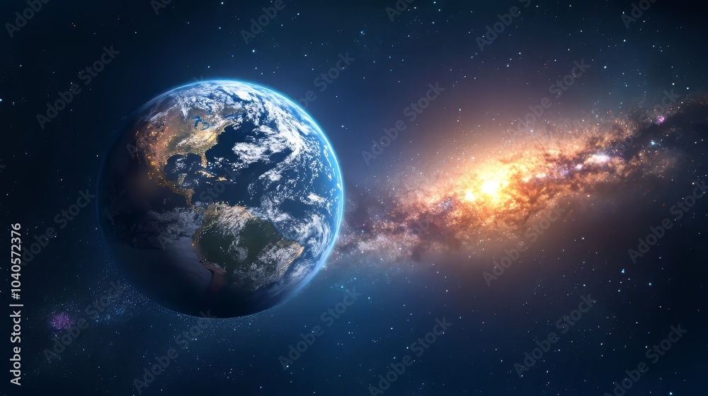 From space, view of the milky way galaxy with a blue sunrise From space, view of the milky way galaxy with a blue sunrise