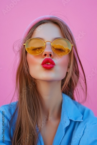 Young woman poses playfully with pink headband and retro sunglasses against a...