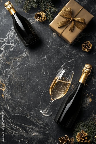 Luxurious champagne bottle sits at the center with elegant glasses surroundin...