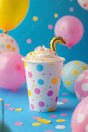 Celebratory dessert with colorful balloons and confetti at a cheerful party s...
