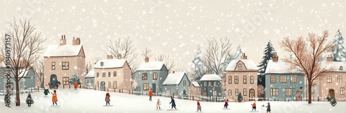 Charming winter village scene with people strolling along snow-covered streets amidst quaint houses and softly falling snowflakes