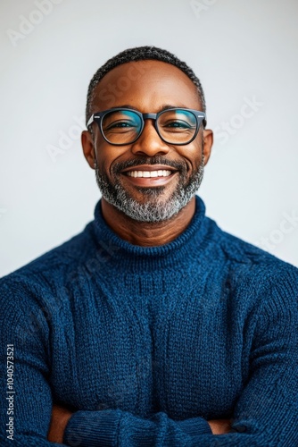 A smiling young man with glasses and a cozy sweater in a bright indoor setting