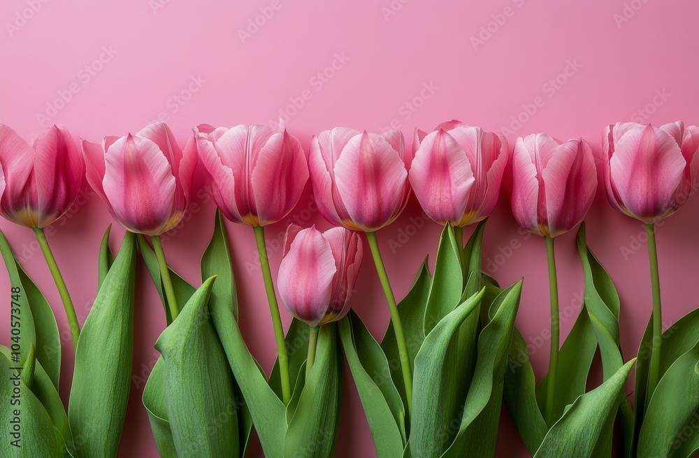Fototapeta premium Beautiful arrangement of pink tulips on a soft pink background for spring decoration