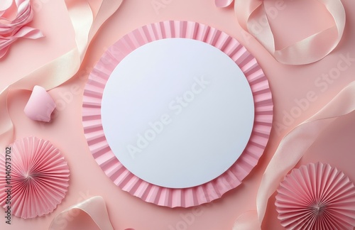 Decorative pink background with blank circle and ribbon for celebrations or i...