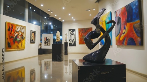 A modern art exhibition with abstract sculptures and paintings, Contemporary art theme, Avant-garde style