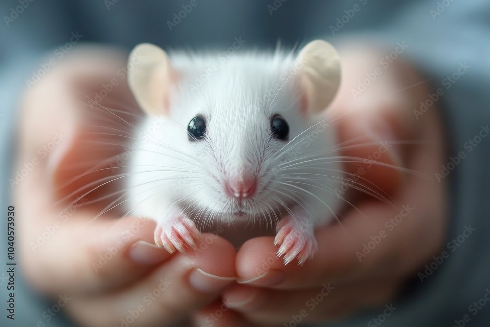 A small white mouse resting gently in open hands, showcasing its soft fur and curious eyes in a cozy indoor setting A small white mouse resting gently in open hands, showcasing its soft fur and curious eyes in a cozy indoor setting