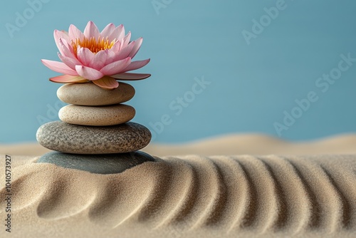 A serene pink lotus flower on stacked pebbles in gentle rippling sand